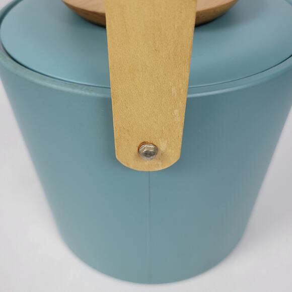 Vintage Georges Briard Ice Bucket with Handle Blue MCM Leatherette and Wood - Picture 9 of 15